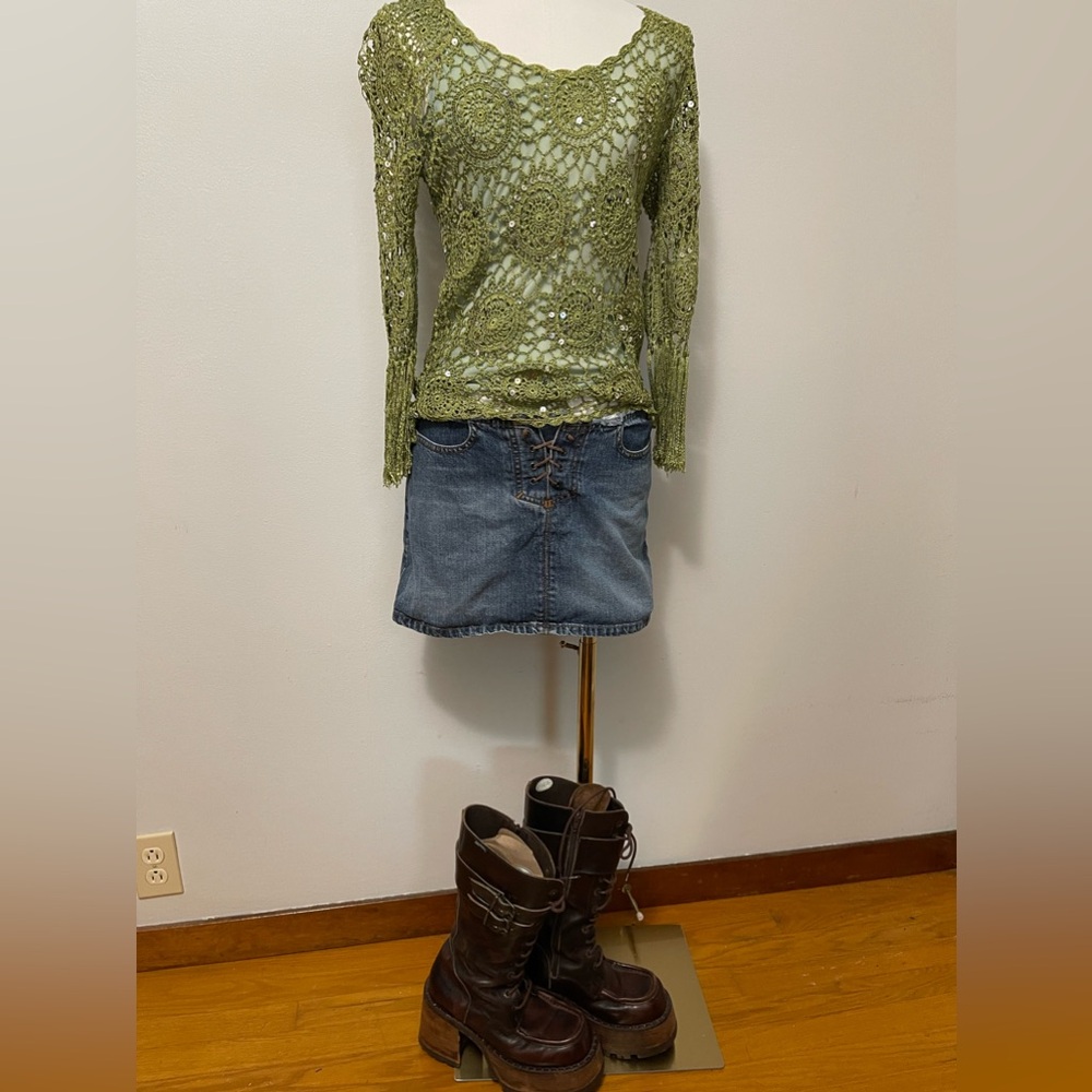Sage green Y2K vintage bohemian sequin crochet top